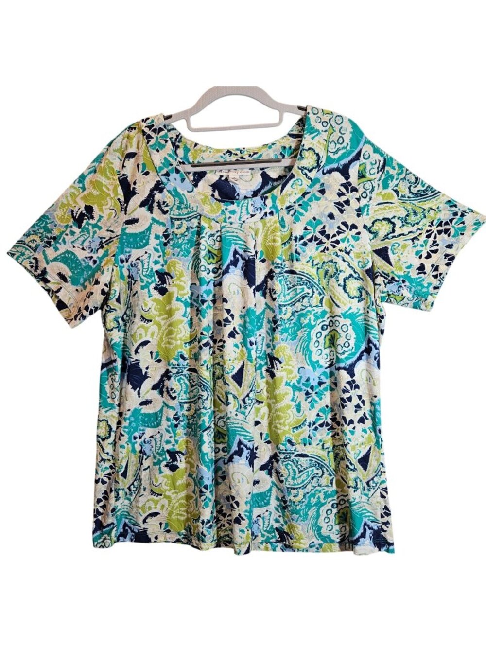 Chicos Womens XL Paisley Scoop Neck Short Sleeve Top casual office gathers